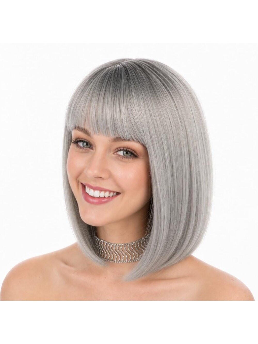 Women's Silver Grey Short Straight Bob Wig with Bangs 12 Inch Synthetic Hair